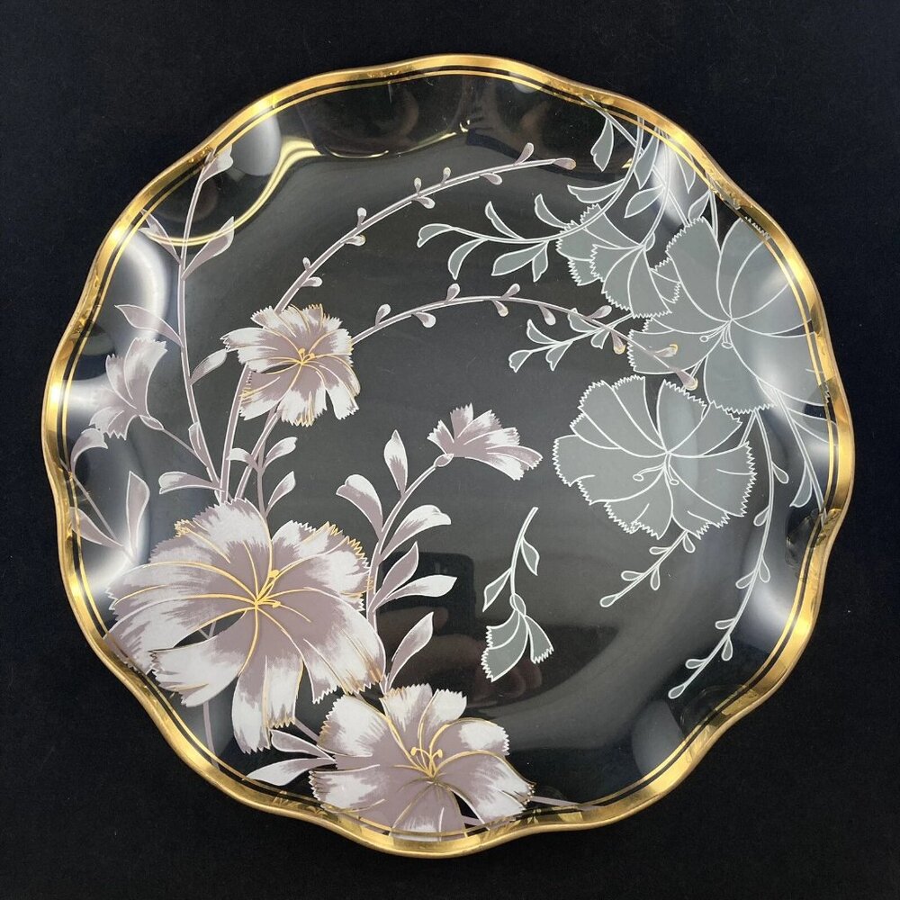 Lefton Platter by Michio Suzuki Clear Pink White Hibiscus Flower Gold Trim Plate